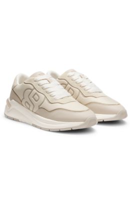 Suede-trim trainers with Double B monogram, Light Beige