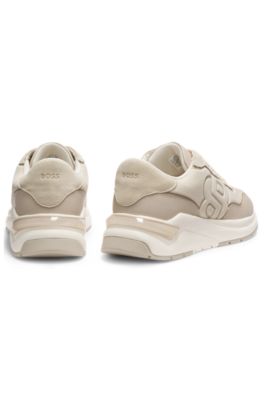 Suede-trim trainers with Double B monogram, Light Beige