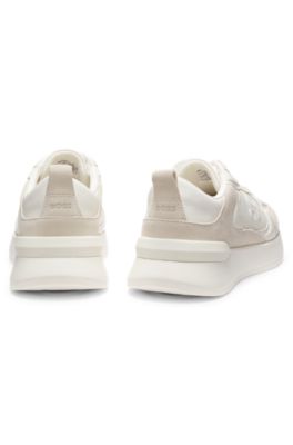 Suede-trim trainers in faux leather, White