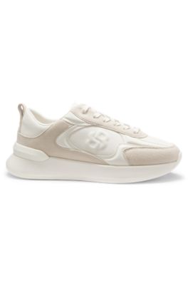 Suede-trim trainers in faux leather, White