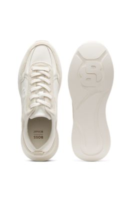 Suede-trim trainers in faux leather, White