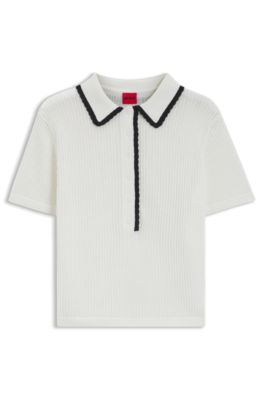 Jersey de algod&oacute;n pointelle con ribete festoneado, Blanco
