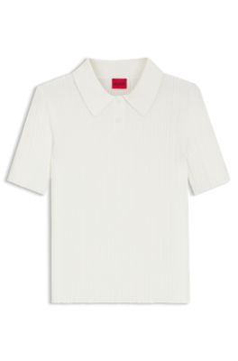 Slim-fit ribbed sweater with polo collar, White