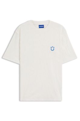 Cotton-toweling T-shirt with Happy HUGO, White