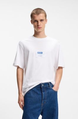 Camiseta de punto de algod&oacute;n con etiqueta con logo estilo ropa de trabajo, Blanco