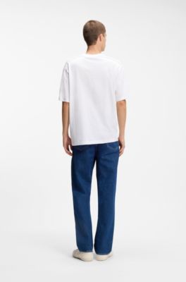 Camiseta de punto de algod&oacute;n con etiqueta con logo estilo ropa de trabajo, Blanco