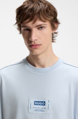 Camiseta de punto de algod&oacute;n con etiqueta con logo estilo ropa de trabajo, Celeste