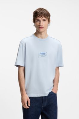 Camiseta de punto de algod&oacute;n con etiqueta con logo estilo ropa de trabajo, Celeste
