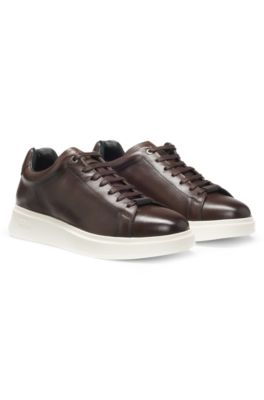 Rubber-sole trainers in leather, Dark Brown