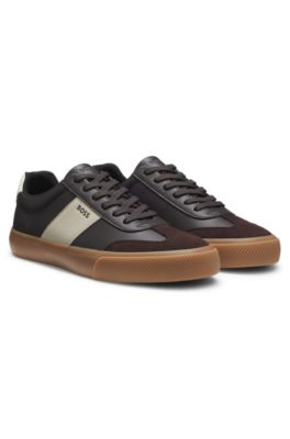 Leather-trim trainers in faux leather, Light Brown