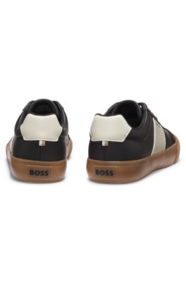 Leather-trim trainers in faux leather, Light Brown