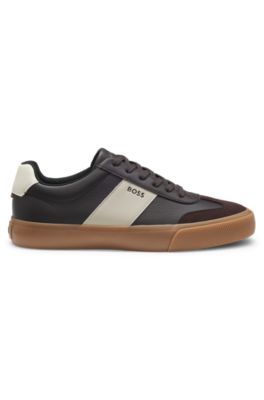 Leather-trim trainers in faux leather, Light Brown