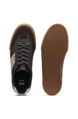 Leather-trim trainers in faux leather, Light Brown