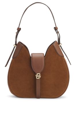 Suede hobo bag with Double B monogram, Brown