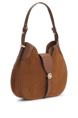 Suede hobo bag with Double B monogram, Brown