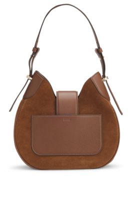 Suede hobo bag with Double B monogram, Brown