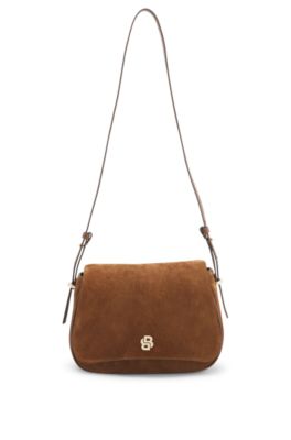 Bolso de ante con solapa y monograma Double&nbsp;B, Marr&oacute;n