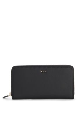Zippered wallet in grained leather with metallic logo lettering, Black
