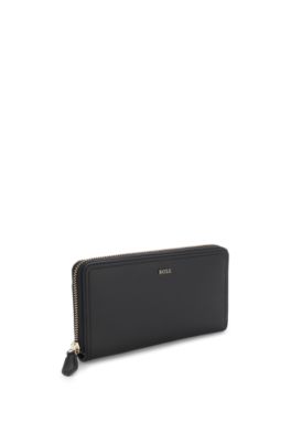 Zippered wallet in grained leather with metallic logo lettering, Black