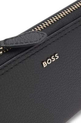Zippered wallet in grained leather with metallic logo lettering, Black