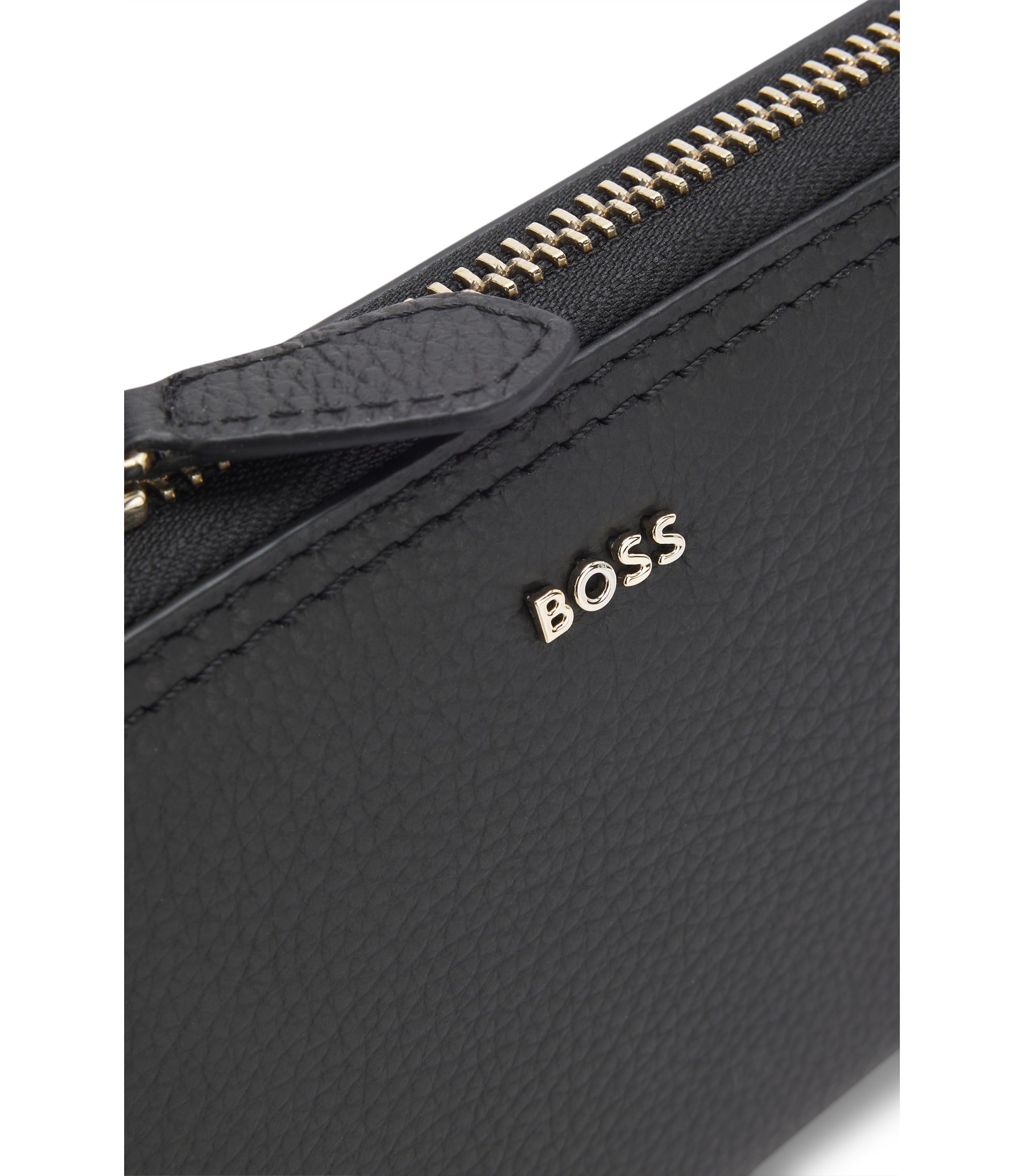 BOSS - Zippered wallet in grained leather with metallic logo