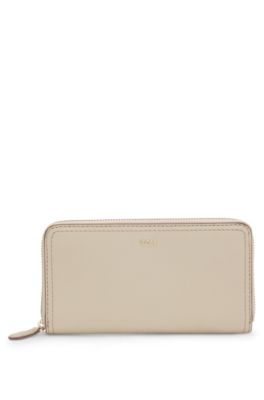 Zippered wallet in grained leather with metallic logo lettering, Light Beige