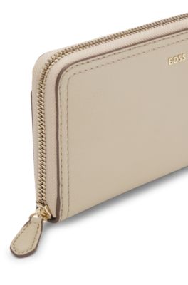 Zippered wallet in grained leather with metallic logo lettering, Light Beige