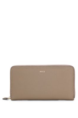 Zippered wallet in grained leather with metallic logo lettering, Brown