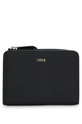 Portefeuille en cuir grain&eacute; avec lettres logo m&eacute;talliques, Noir