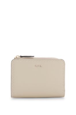 Grained-leather wallet with metallic logo lettering, Light Beige