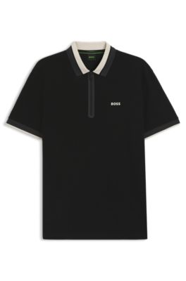 Zip-placket polo shirt in cotton piqu&eacute;, Black
