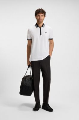 Polo en piqu&eacute; de coton avec patte zipp&eacute;e, Blanc