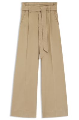 Pantalones de pernera ancha con cintur&oacute;n en sarga de algod&oacute;n el&aacute;stico, Marr&oacute;n