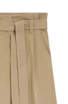 Pantalones de pernera ancha con cintur&oacute;n en sarga de algod&oacute;n el&aacute;stico, Marr&oacute;n