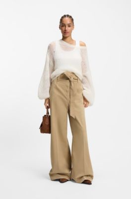 Pantalones de pernera ancha con cintur&oacute;n en sarga de algod&oacute;n el&aacute;stico, Marr&oacute;n