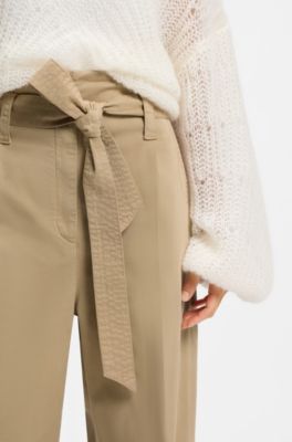 Pantalones de pernera ancha con cintur&oacute;n en sarga de algod&oacute;n el&aacute;stico, Marr&oacute;n