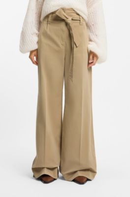 Pantalones de pernera ancha con cintur&oacute;n en sarga de algod&oacute;n el&aacute;stico, Marr&oacute;n
