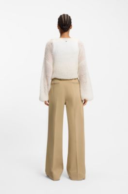 Pantalones de pernera ancha con cintur&oacute;n en sarga de algod&oacute;n el&aacute;stico, Marr&oacute;n