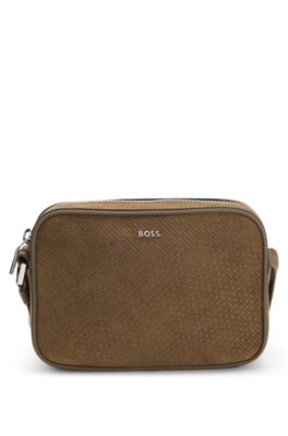 Crossbody bag in monogram-embossed suede, Khaki