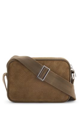 Crossbody bag in monogram-embossed suede, Khaki