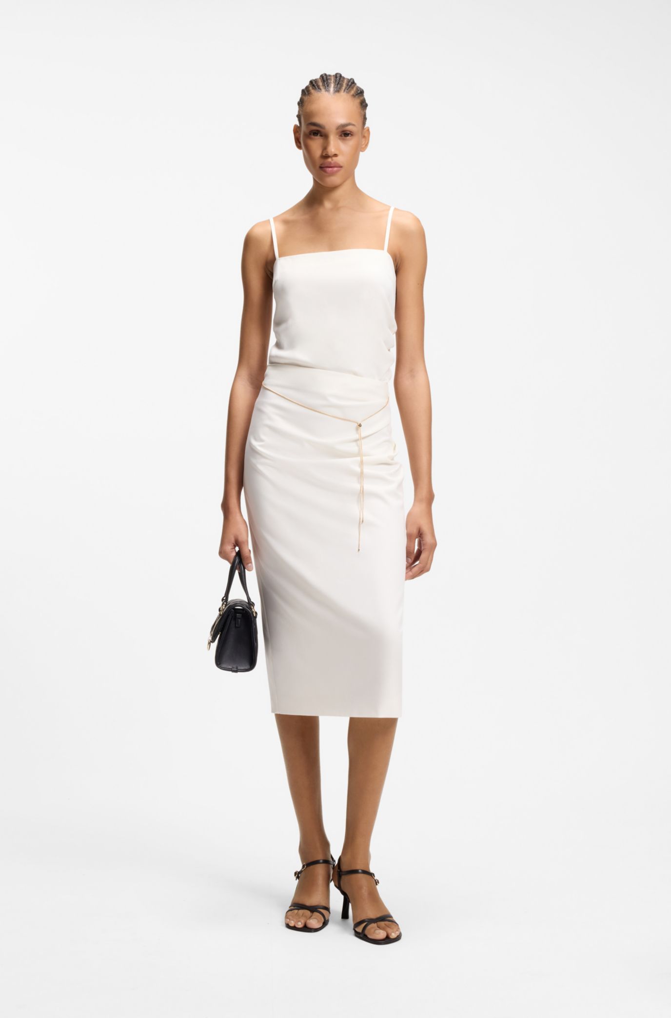 HUGO - Pencil skirt with gold-tone chain belt - White