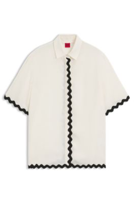 Blusa relaxed fit con cinta en zigzag en contraste, Blanco