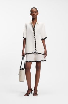 Blusa relaxed fit con cinta en zigzag en contraste, Blanco