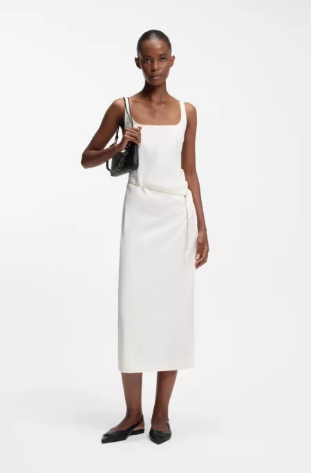 Square-neck dress with golden chain belt