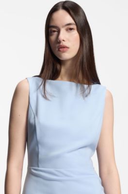 Vestido de crep&eacute; con dobladillo asim&eacute;trico fruncido, Celeste