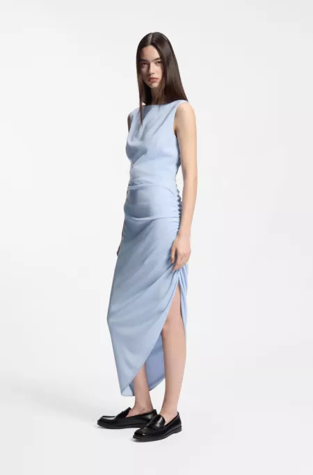 Crepe dress with gathered asymmetric hemline
