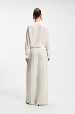 Pantalon coupe d&eacute;contract&eacute;e en laine m&eacute;lang&eacute;e, Blanc