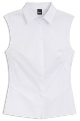 Sleeveless slim-fit blouse in a cotton blend, White