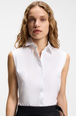Sleeveless slim-fit blouse in a cotton blend, White