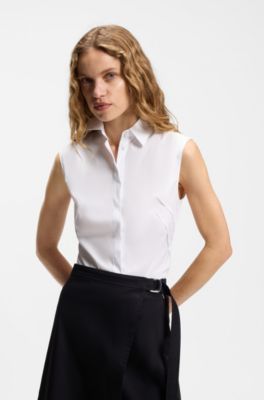 Blouse sans manches ajust&eacute;e en coton m&eacute;lang&eacute; extensible, Blanc